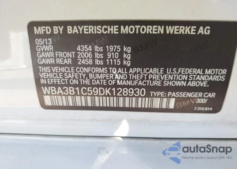 2013 BMW 320I from USA, damaged, VIN WBA3B1C59DK128930
